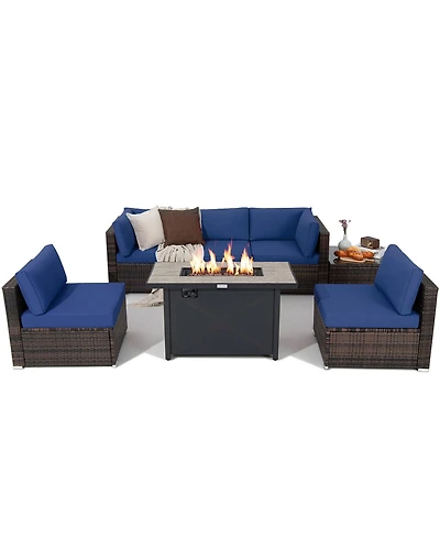 Gymax 7PCS Patio Rattan Furniture Set Fire Pit Table Cover Cushion Off White