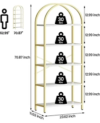 gaomon 5-Tier Modern Arched Bookshelf, Tall Metal Bookcase, Marble Veneer, Vertical Display for Office or Living Room