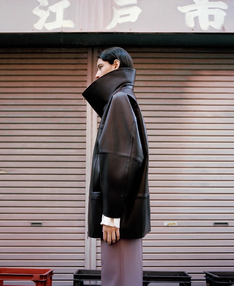 Mango Women's Oversized Funnel-Neck Leather Coat