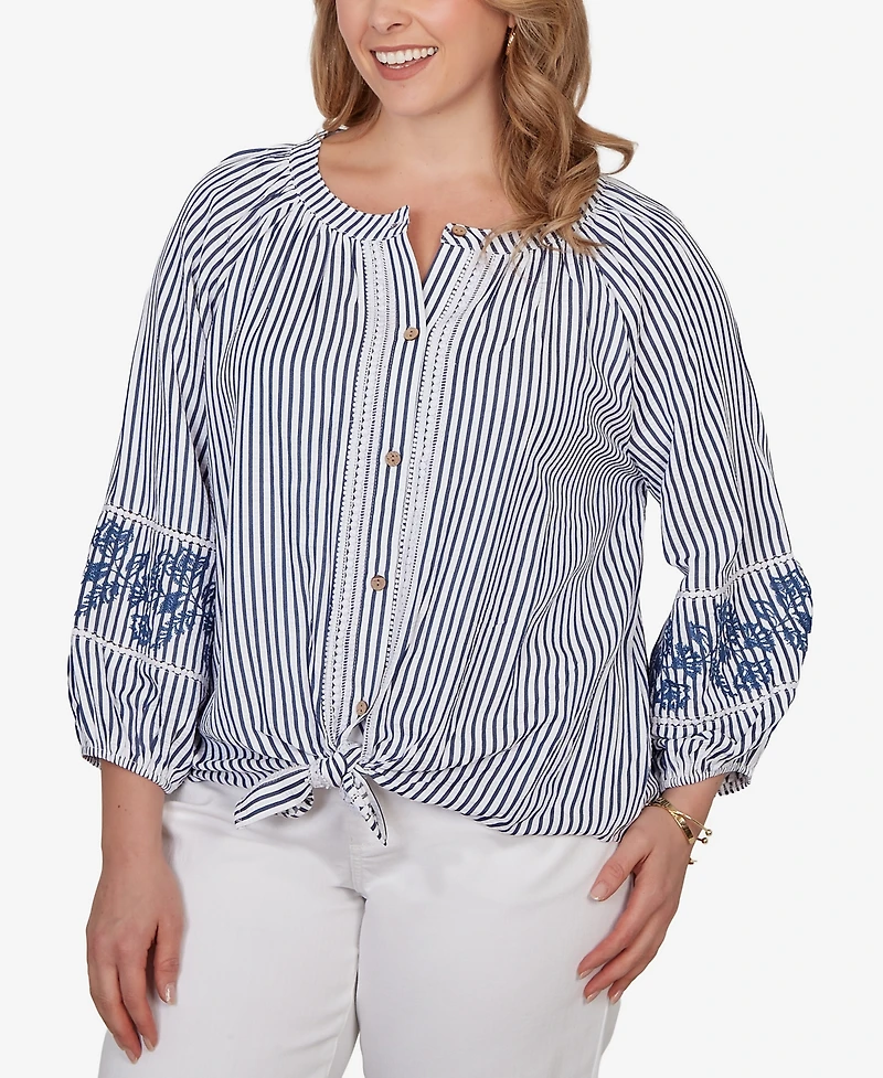 Ruby Rd. Plus Embroidered Seersucker Tie-Front Henley Top
