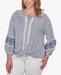 Ruby Rd. Plus Embroidered Seersucker Tie-Front Henley Top