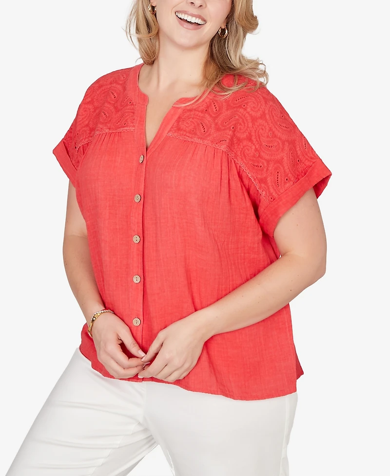 Ruby Rd. Plus Paisley Embroidered Gauze Button T-Shirt