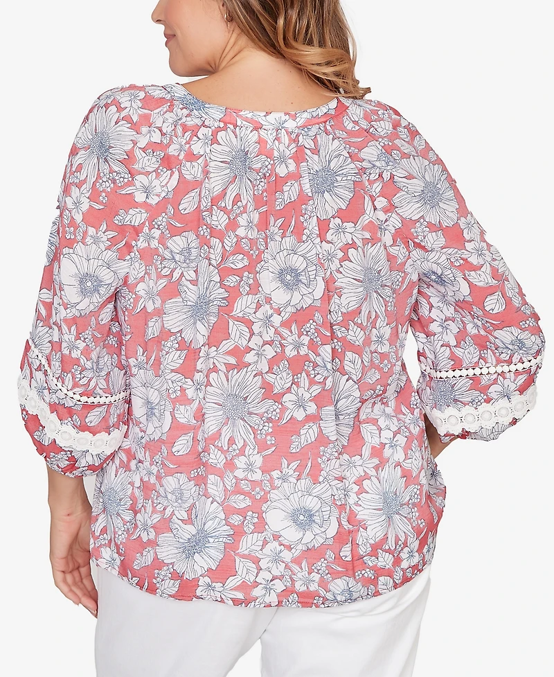 Ruby Rd. Plus Floral Silky Gauze Peasant Button Front Top