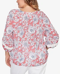 Ruby Rd. Plus Floral Silky Gauze Peasant Button Front Top