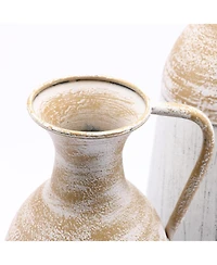 LuxenHome Set of 2 Distressed Off White and Rustic Brown Metal Pitcher Vase
