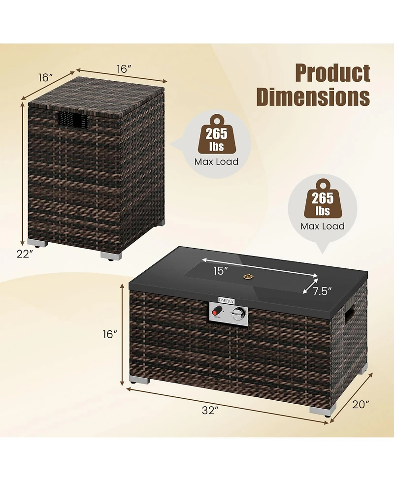 Sugift 2-Piece Outdoor Rattan Fire Table Set 32 Inch Rectangle Gas Firepit with Tank Cover