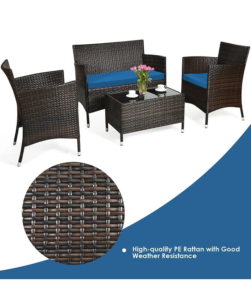 Gymax Set of Outdoor Patio Rattan Conversation Furniture Set w/ Cushion Table