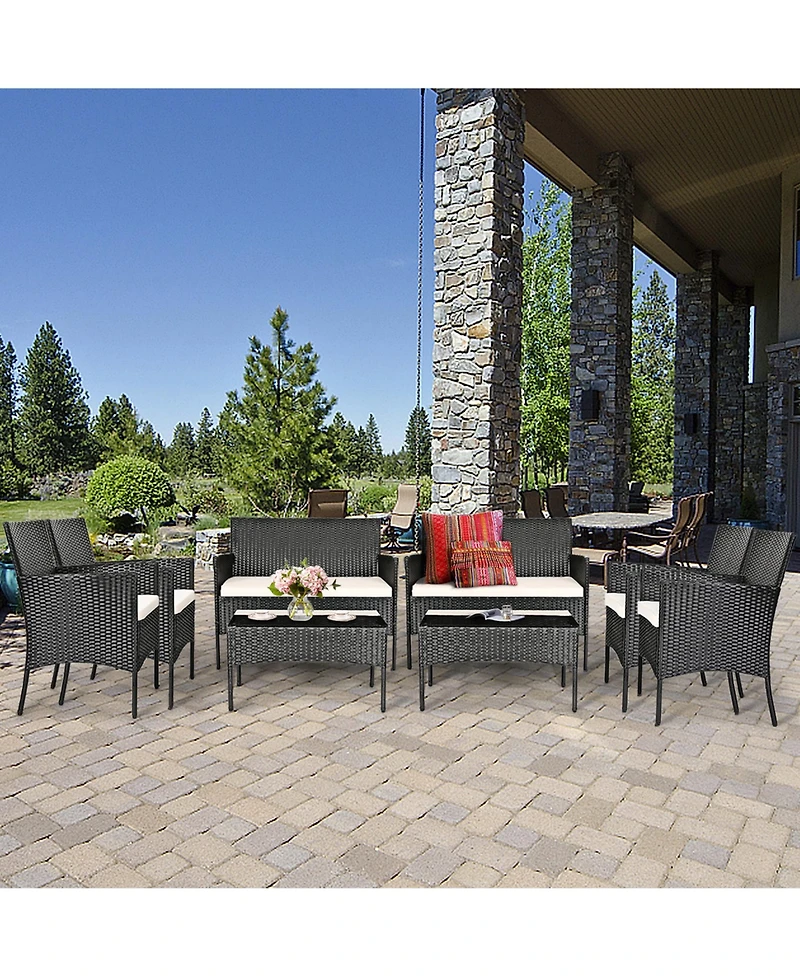 Gymax 8PCS Outdoor Furniture Set Patio Rattan Conversation Set w/ Cushion