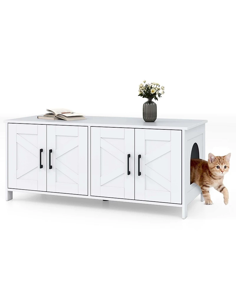 Gymax Cat Litter Box Enclosure for 2 Cats w/ Double Rooms Wooden Cat Washroom Cabinet