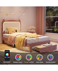 gaomon Twin Upholstered Led Bed Frame with Storage Drawer and Cat Headboard, Velvet Princess Platform Bed for Kids