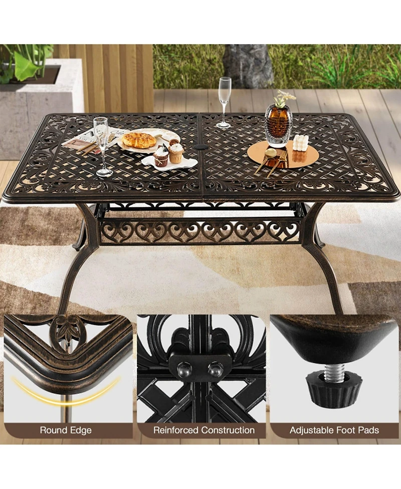 Clihome 59" Cast Aluminum Patio Dining Table with Umbrella Hole for 6