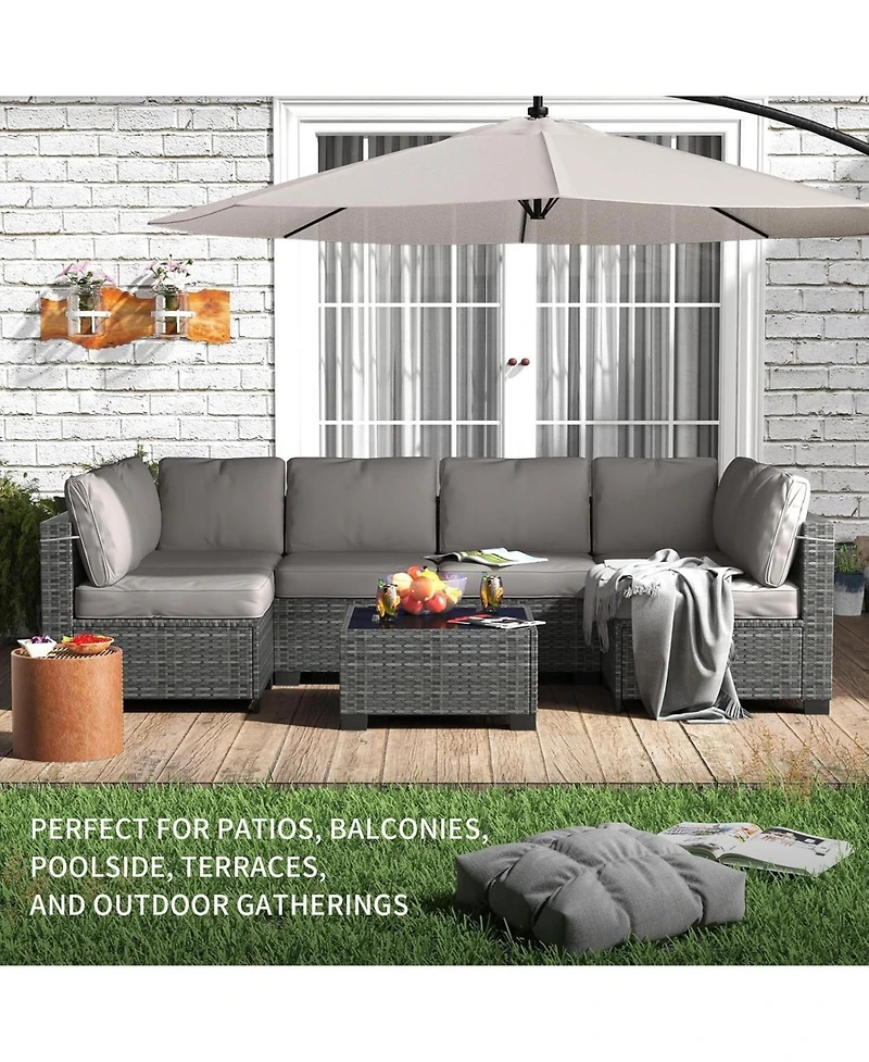 gaomon 7-Piece Wicker Patio Sofa Set Pe Rattan Conversation Sectional with Cushions Glass Table