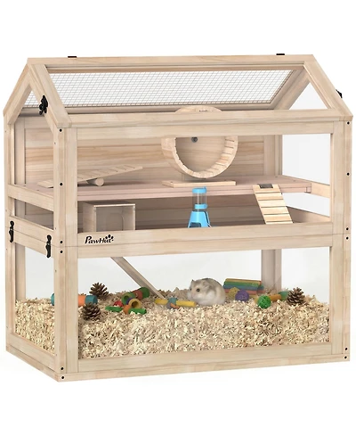 PawHut Wooden Hamster Cage, 3-Tier Small Animal Cage with Hut, Seesaw, Ramps