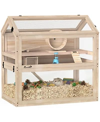 PawHut Wooden Hamster Cage, 3-Tier Small Animal Cage with Hut, Seesaw, Ramps