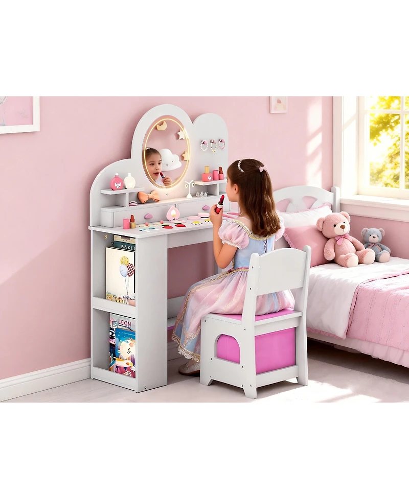 Sugift Kids Vanity Table and Chair Set with Lights Drawers Bookshelf