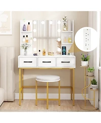 Sugift Vanity Desk with Mirror Lights and Cushioned Stool Set