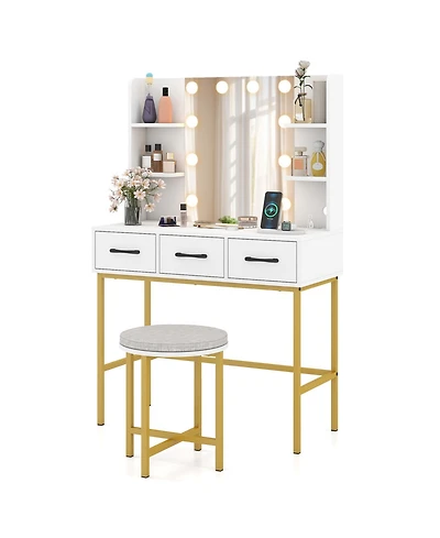 Sugift Vanity Desk with Mirror Lights and Cushioned Stool Set