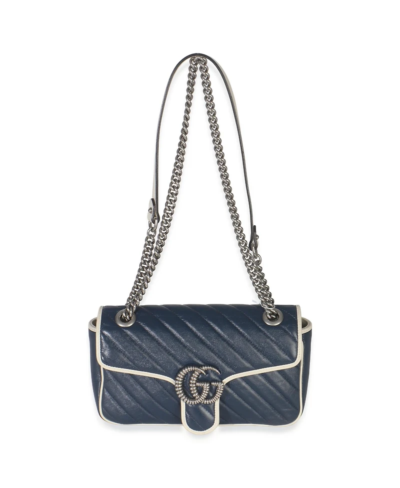 Pre-Owned Gucci Navy White Calfskin Matelasse Diagonal Torchon Medium Gg Marmont Bag