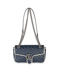 Pre-Owned Gucci Navy White Calfskin Matelasse Diagonal Torchon Medium Gg Marmont Bag