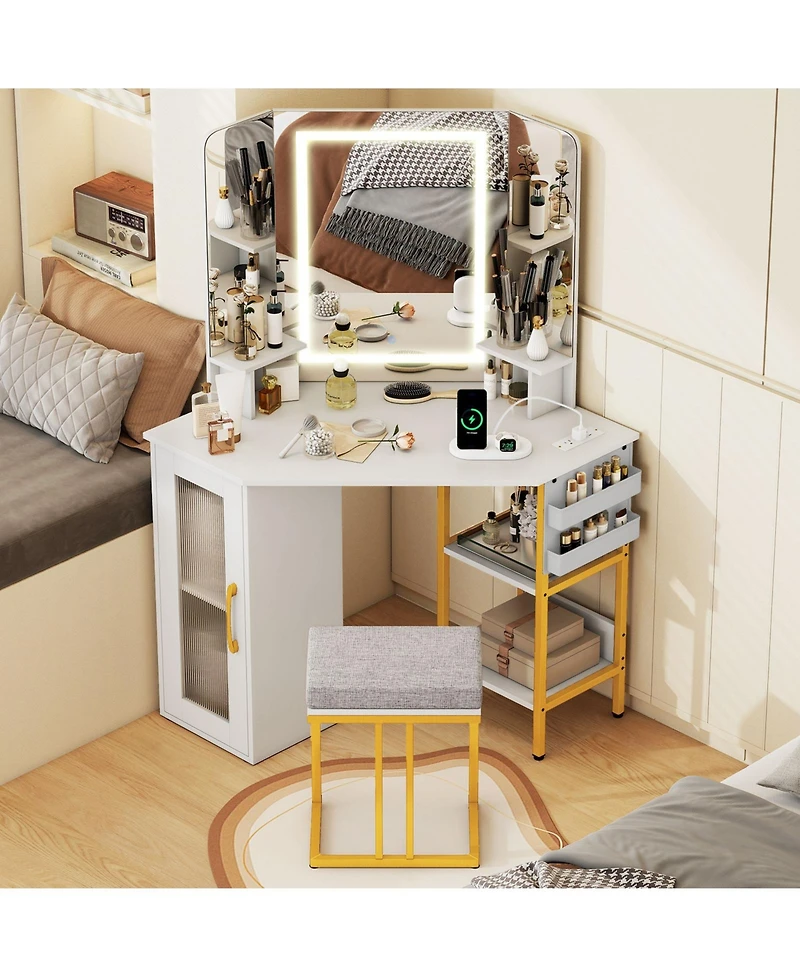 Sugift Corner Vanity Desk with Triple Mirror and Lights