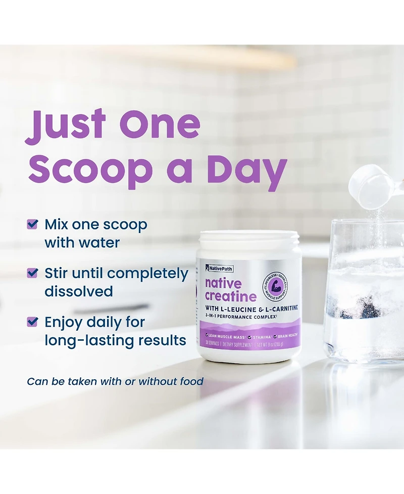 NativePath Creatine Monohydrate Powder with L-Leucine and L-Carnitine - Supports Muscle Health for Men and Women - 30 Servings