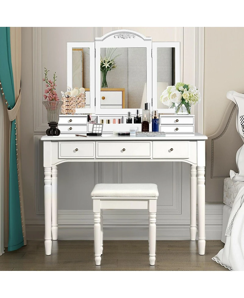 Sugift Makeup Dressing Table with Tri Folding Mirror and Stool