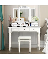 Sugift Makeup Dressing Table with Tri Folding Mirror and Stool