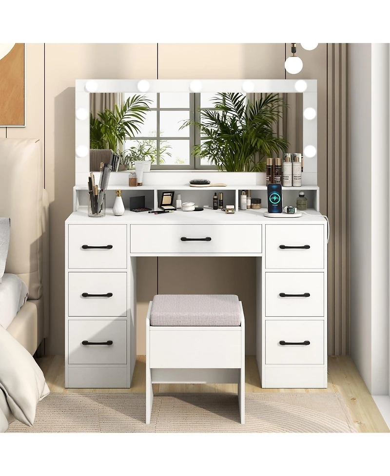 Sugift Vanity Desk with Mirror Lights and Power Outlets