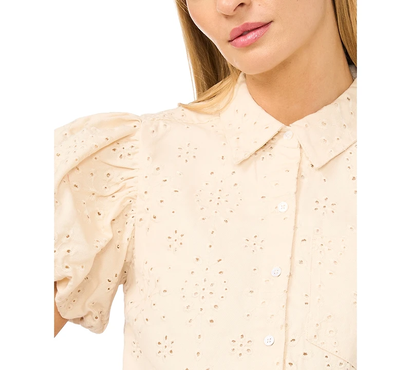 CeCe Women's Collared Puff-Sleeve Cotton Shirt