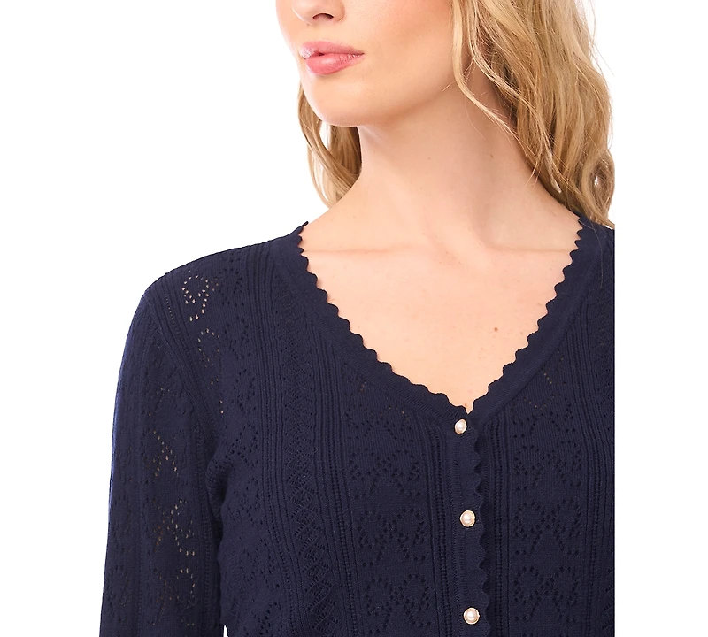 CeCe Women's V-Neck Pointelle Cotton Cardigan Sweater