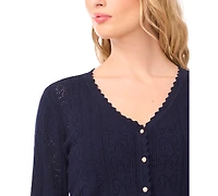 CeCe Women's V-Neck Pointelle Cotton Cardigan Sweater