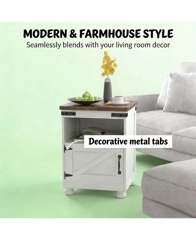 Rainsken Bedside Cabinet, Farmhouse Storage Nightstand with Open Shelf and Cupboard for Living Room, Bedroom.