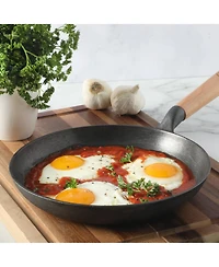 Oster Platinum 9.5" preseasoned cast iron skillet with wood handle, lightweight nonstick pan