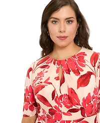 London Times Plus Short-Sleeve Keyhole Neck Midi Dress