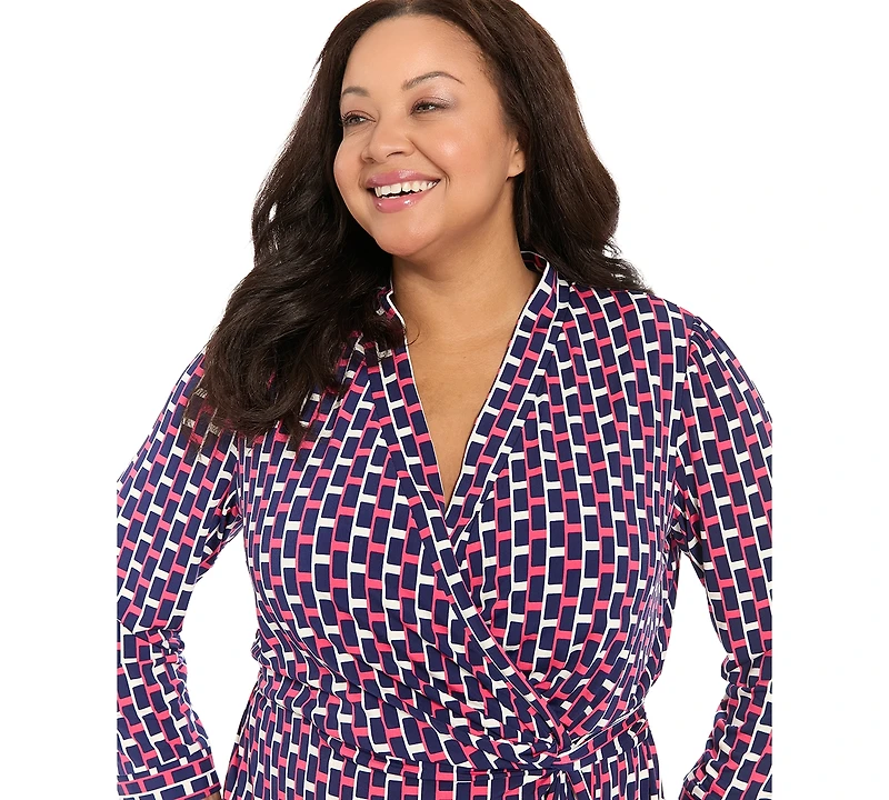 London Times Plus 3/4-Length-Sleeve V-Neck Dress