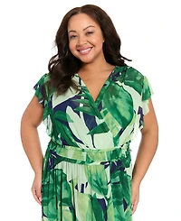 London Times Plus Flutter-Sleeve Surplice Neck Tiered Maxi Dress