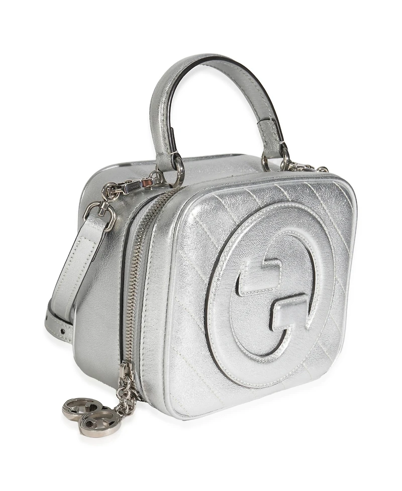 Pre-Owned Gucci Silver Metallic Sakai Be Green Calfskin Diagonal Stitched Blondie Top Hand