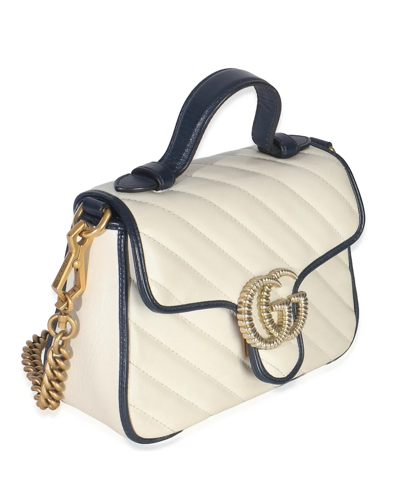 Pre-Owned Gucci Navy White Calfskin Matelasse Diagonal Torchon Mini Gg Marmont Top Handle