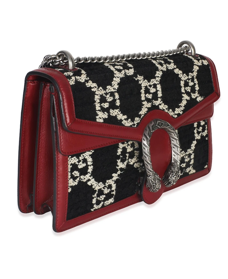 Pre-Owned Gucci Black White Red Tweed Gg Monogram Medium Dionysus Shoulder Bag