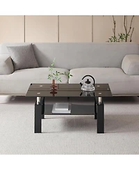 Rainsken Rectangle 2-Tier Glass Coffee Table, Modern Small Center Table with Storage and Metal Legs for Living Room