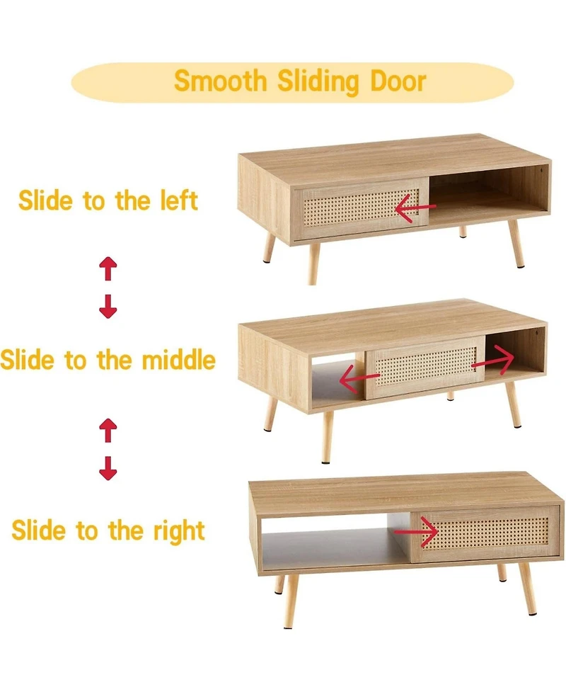 Rainsken 41.34" Rattan Coffee Table, Rectangle Wooden Center Tables with Sliding Door and Solid Wood Legs for Living Room, Home Office