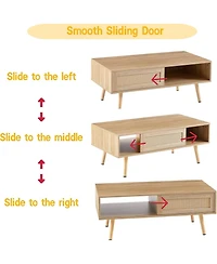 Rainsken 41.34" Rattan Coffee Table, Rectangle Wooden Center Tables with Sliding Door and Solid Wood Legs for Living Room, Home Office