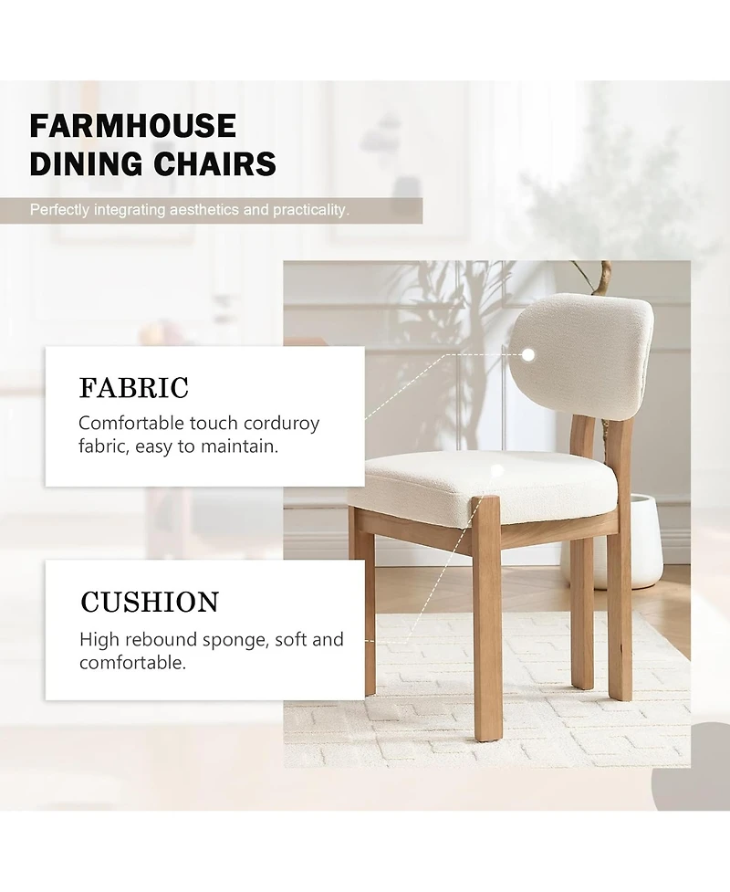 Rainsken Wooden Dining Chairs Set of 2, Modern Fabric Upholstered Kitchen Chairs with Curved Backrest, Solid Wood Legs for Dining Room