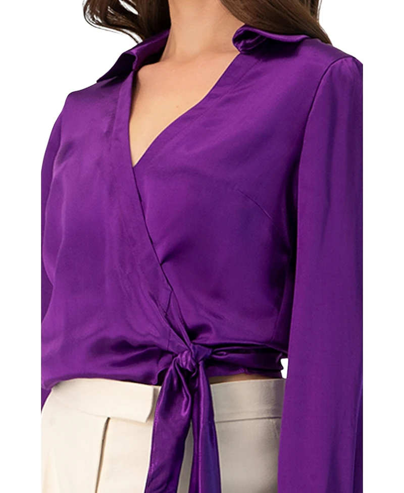 Ivonne Women's Wrap Satin Blouse with Tie Detail