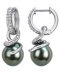 Macy's Cultured Tahitian Pearl and Diamond (1/10 ct. t.w.) Drop Earrings in Sterling Silver
