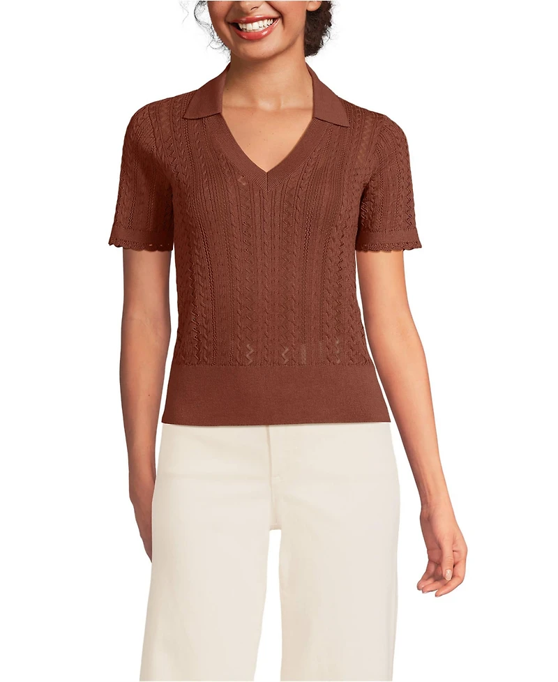 Lands' End Women's Fine Gauge Cotton Pointelle Polo Sweater