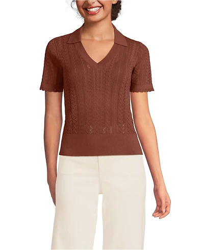 Lands' End Women's Fine Gauge Cotton Pointelle Polo Sweater