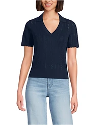 Lands' End Women's Fine Gauge Cotton Pointelle Polo Sweater