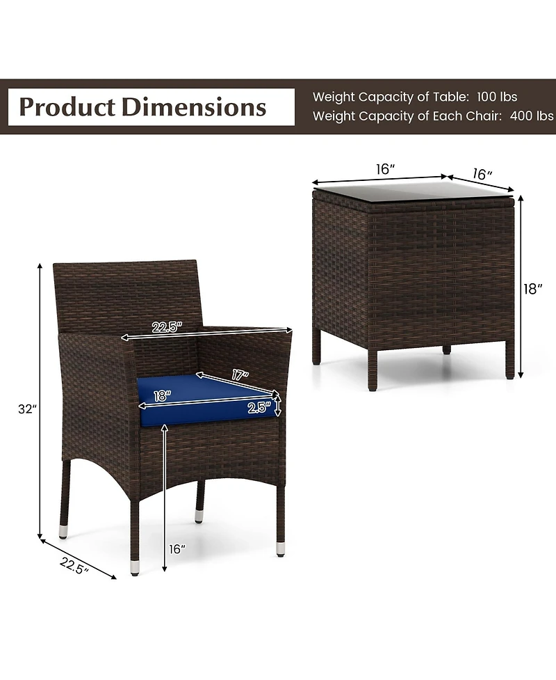 Gymax 3 Pcs Outdoor Conversation Set w/ Cushioned Seat and Tempered Glass Tabletop