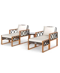 Gymax 5 Pcs Pe Rattan Conversation Set w/Acacia Wood Table Chairs w/Ottomans Outdoor